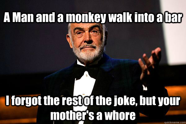 A Man and a monkey walk into a bar I forgot the rest of the joke, but your mother's a whore  sean connery