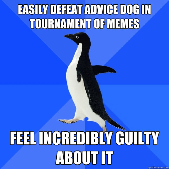 Easily defeat Advice Dog in Tournament of Memes Feel incredibly guilty about it  Socially Awkward Penguin