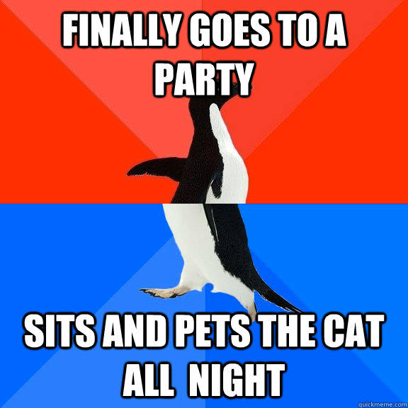 Finally goes to a party Sits and pets the cat all  night - Finally goes to a party Sits and pets the cat all  night  Socially Awesome Awkward Penguin