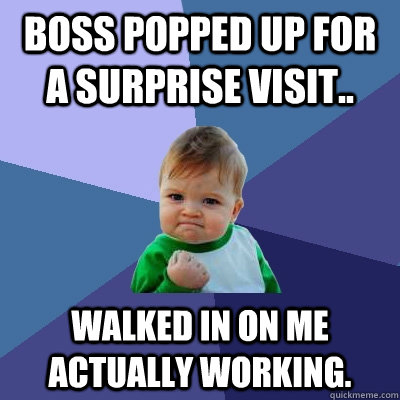 Boss popped up for a surprise visit.. Walked in on me actually working.  Success Kid
