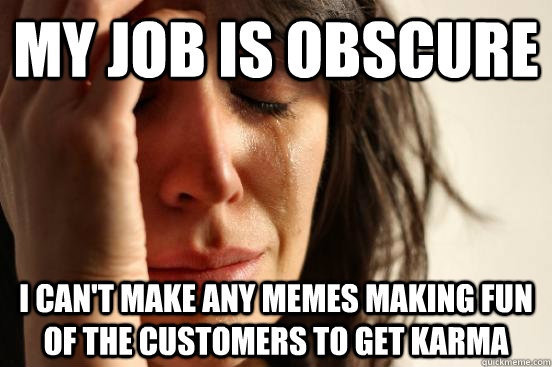 my job is obscure i can't make any memes making fun of the customers to get karma  First World Problems