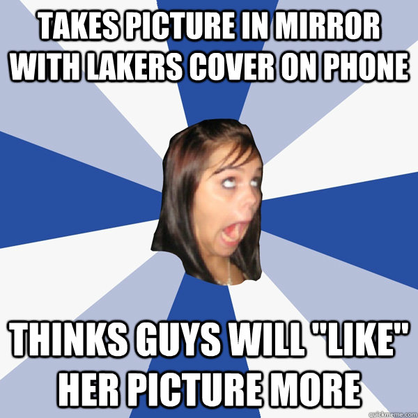 Takes picture in mirror with lakers cover on phone thinks guys will 