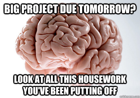 Big project due tomorrow? Look at all this housework you've been putting off - Big project due tomorrow? Look at all this housework you've been putting off  Scumbag Brain