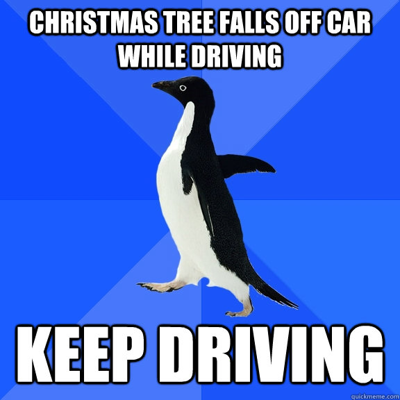 Christmas tree falls off car while driving keep driving  Socially Awkward Penguin