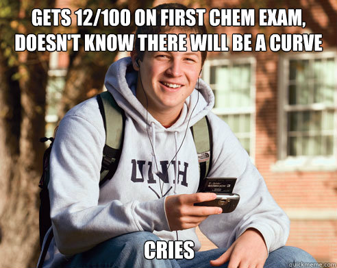 gets 12/100 on first chem exam, doesn't know there will be a curve cries  College Freshman