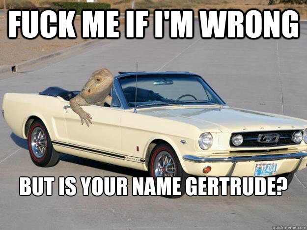 Fuck me if I'm wrong but is your name gertrude?

 - Fuck me if I'm wrong but is your name gertrude?

  Pickup Dragon