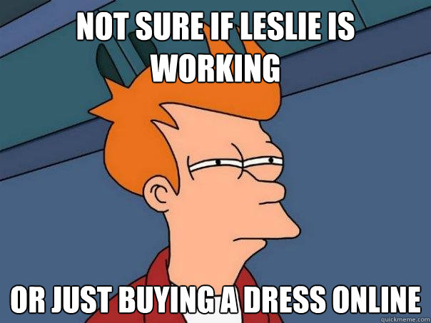 Not sure if Leslie is working Or just buying a dress online  Futurama Fry