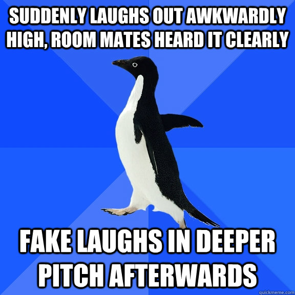 suddenly laughs out awkwardly high, room mates heard it clearly fake laughs in deeper pitch afterwards  Socially Awkward Penguin