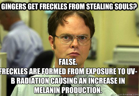Gingers get freckles from stealing souls? False.
Freckles are formed from exposure to UV-B radiation causing an increase in melanin production.  Schrute
