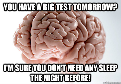 You have a big test tomorrow? I'm sure you don't need any sleep the night before!  - You have a big test tomorrow? I'm sure you don't need any sleep the night before!   Scumbag Brain