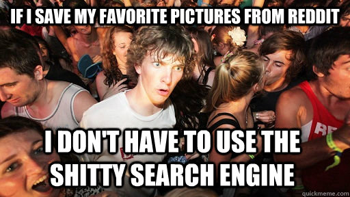 If I save my favorite pictures from reddit I don't have to use the shitty search engine  Sudden Clarity Clarence