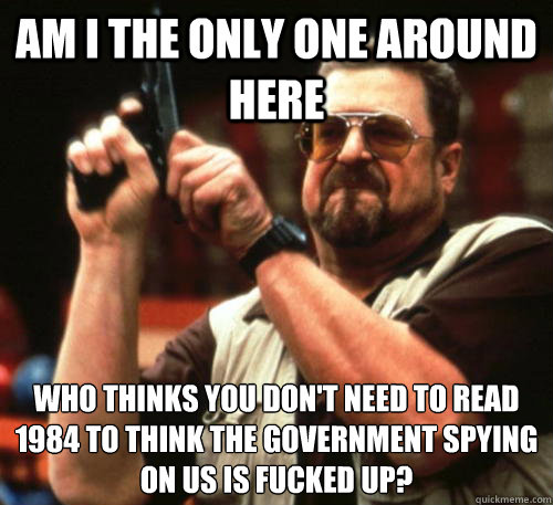 Am i the only one around here who thinks you don't need to read 1984 to think the government spying on us is fucked up?  Am I The Only One Around Here