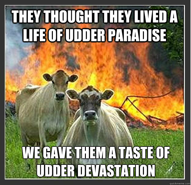 They thought they lived a life of udder paradise We gave them a taste of udder devastation  Evil cows
