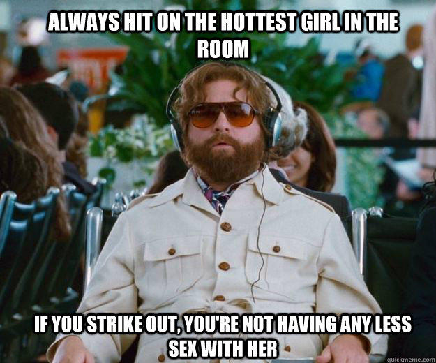 Always hit on the hottest girl in the room If you strike out, you're not having any less sex with her  