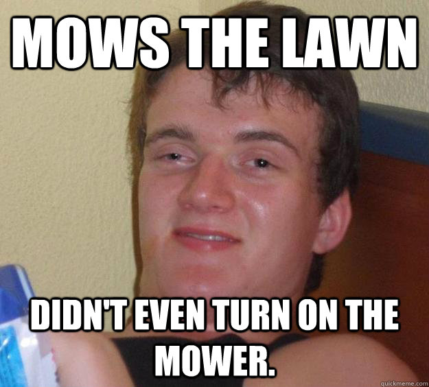 Mows the lawn Didn't even turn on the mower.  10 Guy