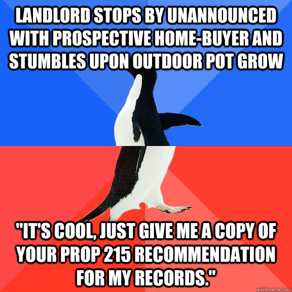 Landlord stops by unannounced with prospective home-buyer and stumbles upon outdoor pot grow 