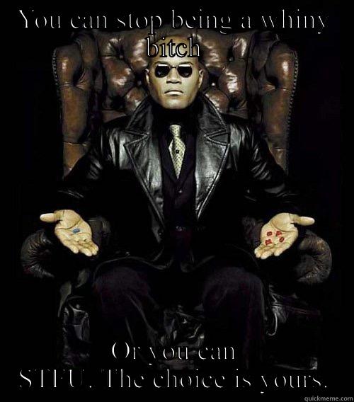 YOU CAN STOP BEING A WHINY BITCH OR YOU CAN STFU. THE CHOICE IS YOURS. Morpheus