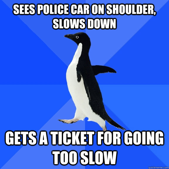 Sees police car on shoulder, slows down Gets a ticket for going too slow  Socially Awkward Penguin