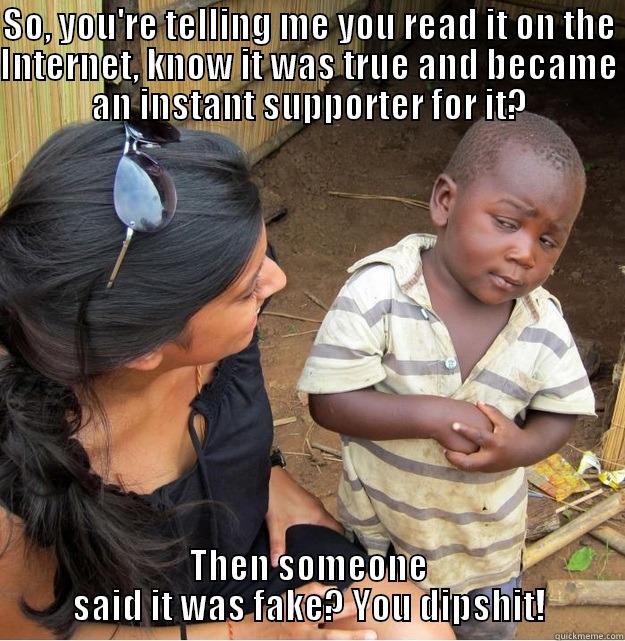 everything is true stupid - SO, YOU'RE TELLING ME YOU READ IT ON THE INTERNET, KNOW IT WAS TRUE AND BECAME AN INSTANT SUPPORTER FOR IT? THEN SOMEONE SAID IT WAS FAKE? YOU DIPSHIT! Skeptical Third World Kid