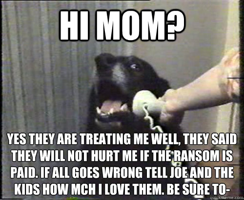 Hi mom? yes they are treating me well, they said they will not hurt me if the ransom is paid. if all goes wrong tell joe and the kids how mch i love them. be sure to- - Hi mom? yes they are treating me well, they said they will not hurt me if the ransom is paid. if all goes wrong tell joe and the kids how mch i love them. be sure to-  Misc