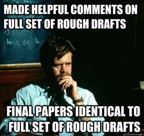 made helpful comments on full set of rough drafts final papers identical to full set of rough drafts  Sad College Professor