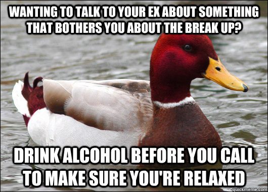 Wanting to talk to your ex about something that bothers you about the break up? Drink alcohol before you call to make sure you're relaxed  Malicious Advice Mallard