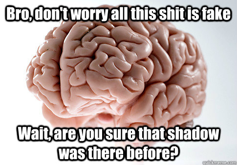 Bro, don't worry all this shit is fake Wait, are you sure that shadow was there before? - Bro, don't worry all this shit is fake Wait, are you sure that shadow was there before?  Scumbag Brain