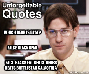 Which Bear is Best? False, Black Bear. fact, Bears eat beats. Bears beats battlestar galactica.  NCU Jim Halpert as Dwight