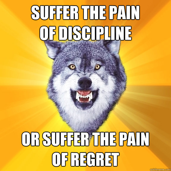 suffer the pain
of discipline Or suffer the pain
of regret Caption 3 goes here  Courage Wolf