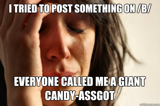 I tried to post something on /b/ everyone called me a giant candy-assgot  First World Problems