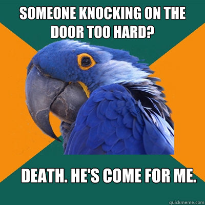Someone knocking on the door too hard? Death. he's come for me.  Paranoid Parrot
