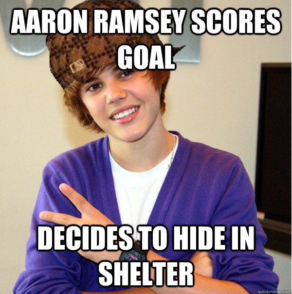 AARON RAMSEY SCORES GOAL DECIDES TO HIDE IN SHELTER  Scumbag Beiber