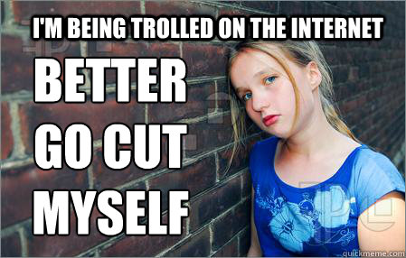 I'm being trolled on the internet better go cut myself  3rd grade emo
