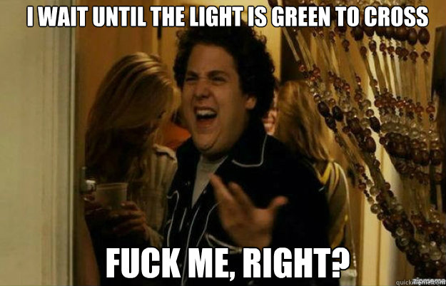 i wait until the light is green to cross FUCK ME, RIGHT?  fuck me right