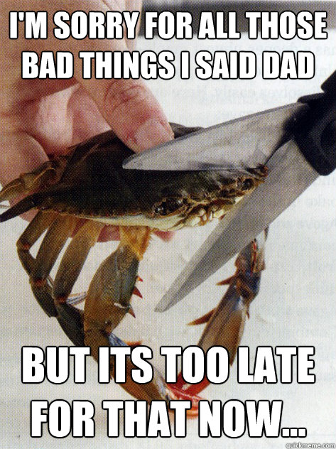 I'm sorry for all those bad things I said dad
 but its too late for that now...  Optimistic Crab