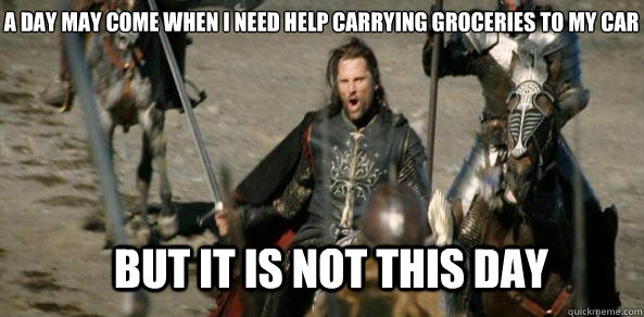 A day may come when I need help carrying groceries to my car BUT IT IS NOT THIS DAY - A day may come when I need help carrying groceries to my car BUT IT IS NOT THIS DAY  aragorn black gate