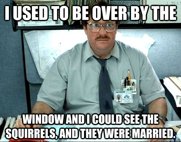 I used to be over by the  window and I could see the squirrels, and they were married.  Office Space Milton