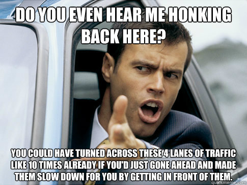 Do you even hear me honking back here? You could have turned across these 4 lanes of traffic like 10 times already if you'd just gone ahead and made them slow down for you by getting in front of them.  Asshole driver