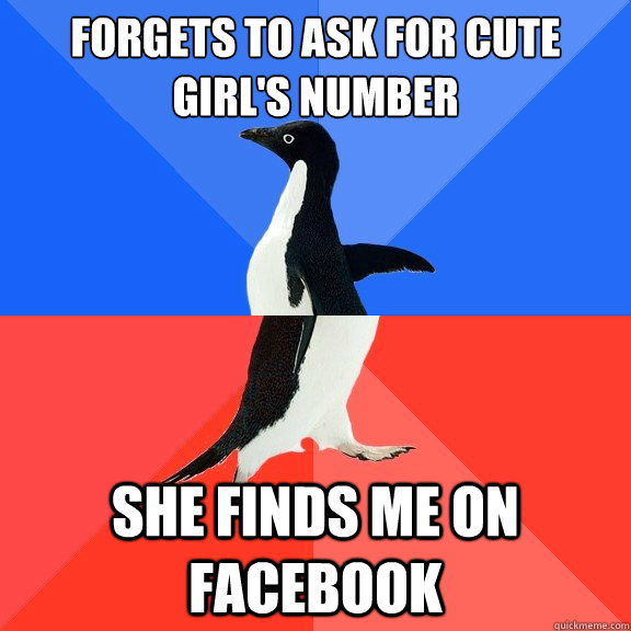 Forgets to ask for Cute girl's number she finds me on facebook  Socially Awkward Awesome Penguin