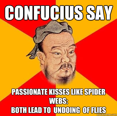 Confucius say passionate kisses like spider webs:
both lead to  undoing  of flies  Confucius says