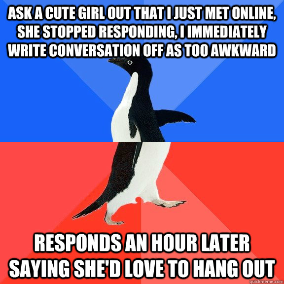Ask a cute girl out that i just met online, she stopped responding, i immediately write conversation off as too awkward responds an hour later Saying she'd love to hang out - Ask a cute girl out that i just met online, she stopped responding, i immediately write conversation off as too awkward responds an hour later Saying she'd love to hang out  Socially Awkward Awesome Penguin
