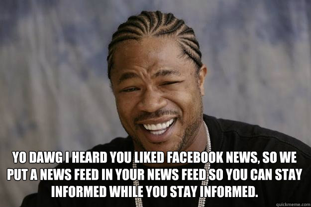  Yo dawg I heard you liked facebook news, so we put a news feed in your news feed so you can stay informed while you stay informed.  Xzibit meme
