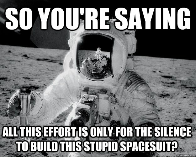 So you're saying All this effort is only for the silence to build this stupid spacesuit?  Moon Man