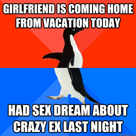 girlfriend is coming home from vacation today had sex dream about crazy ex last night   Socially Awesome Awkward Penguin
