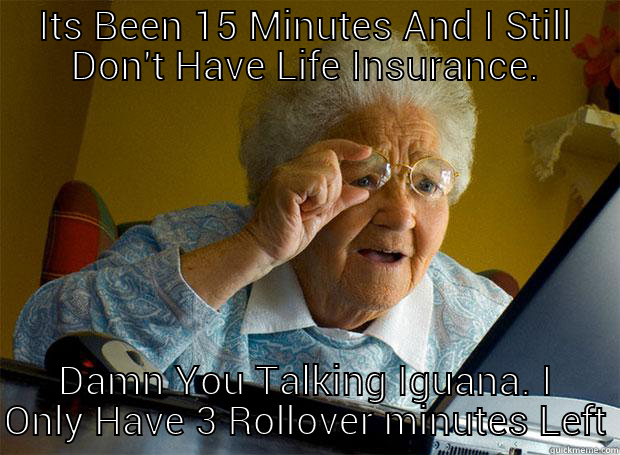 Soon Old Lady - ITS BEEN 15 MINUTES AND I STILL DON'T HAVE LIFE INSURANCE. DAMN YOU TALKING IGUANA. I ONLY HAVE 3 ROLLOVER MINUTES LEFT Grandma finds the Internet