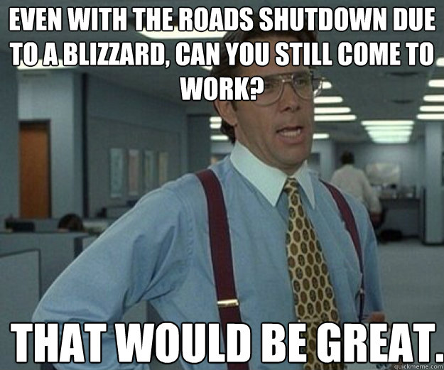 Even with the roads shutdown due to a blizzard, can you still come to work? That would be great.  that would be great