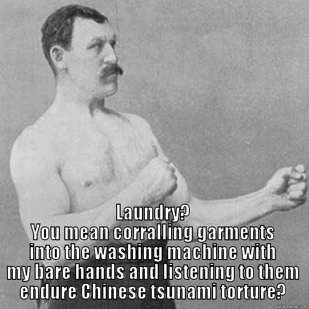  LAUNDRY? YOU MEAN CORRALLING GARMENTS INTO THE WASHING MACHINE WITH MY BARE HANDS AND LISTENING TO THEM ENDURE CHINESE TSUNAMI TORTURE? overly manly man