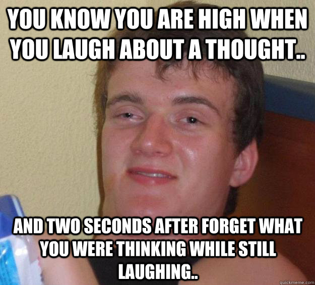 You know you are high when you laugh about a thought.. And two seconds after forget what you were thinking while still laughing.. - You know you are high when you laugh about a thought.. And two seconds after forget what you were thinking while still laughing..  10 Guy