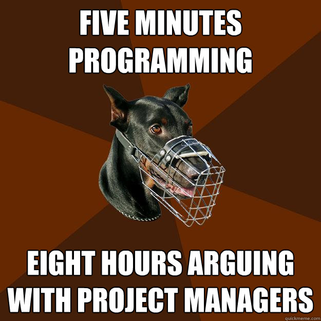 FIVE MINUTES PROGRAMMING EIGHT HOURS ARGUING WITH PROJECT MANAGERS - FIVE MINUTES PROGRAMMING EIGHT HOURS ARGUING WITH PROJECT MANAGERS  Developer Doberman