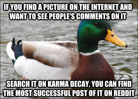 If you find a picture on the internet and want to see people's comments on it search it on karma decay, you can find the most successful post of it on reddit  Actual Advice Mallard
